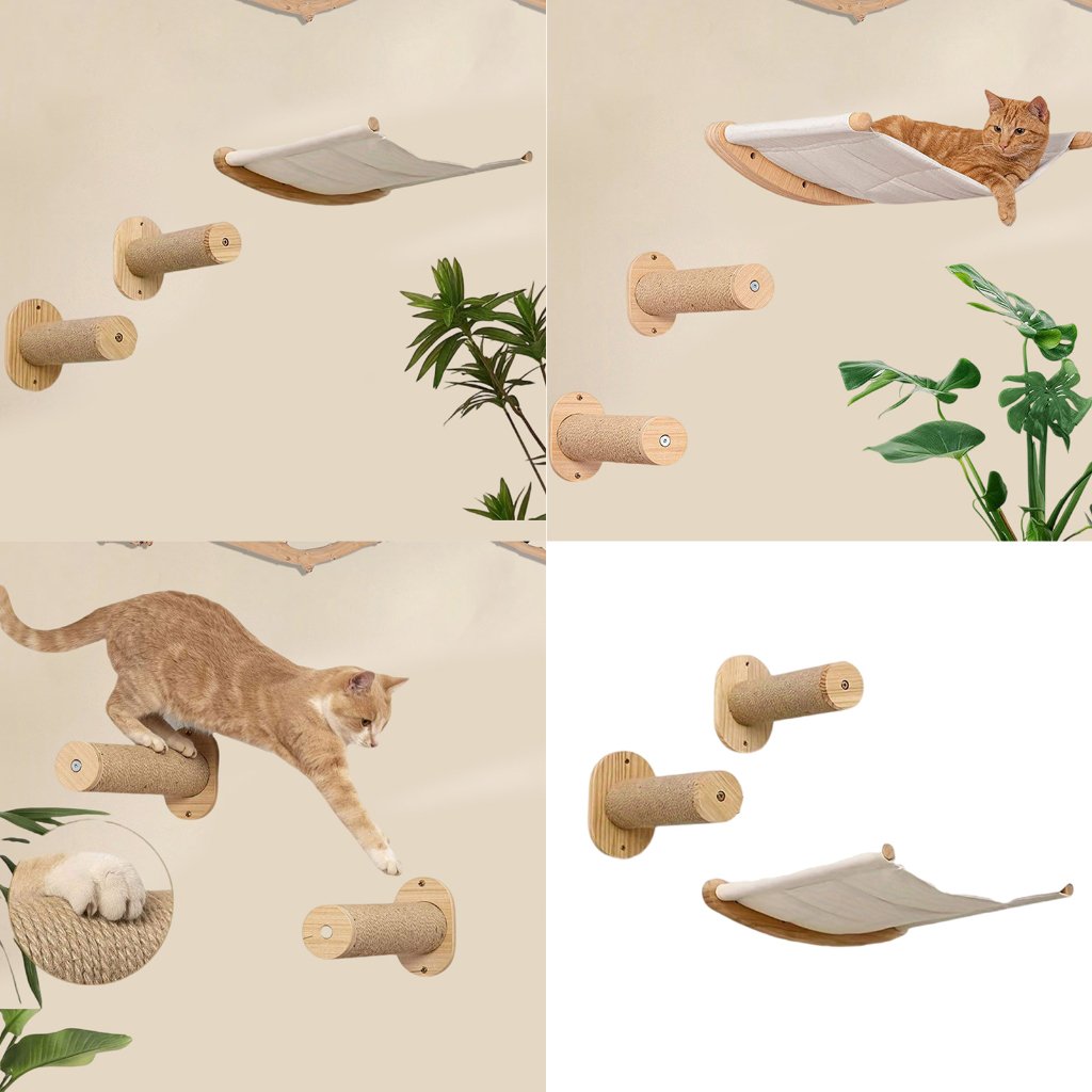 Wall-Mounted Cat Climbing Frame with Wooden Bed & Hammock – Multi-Level Activity Center for Indoor Cats