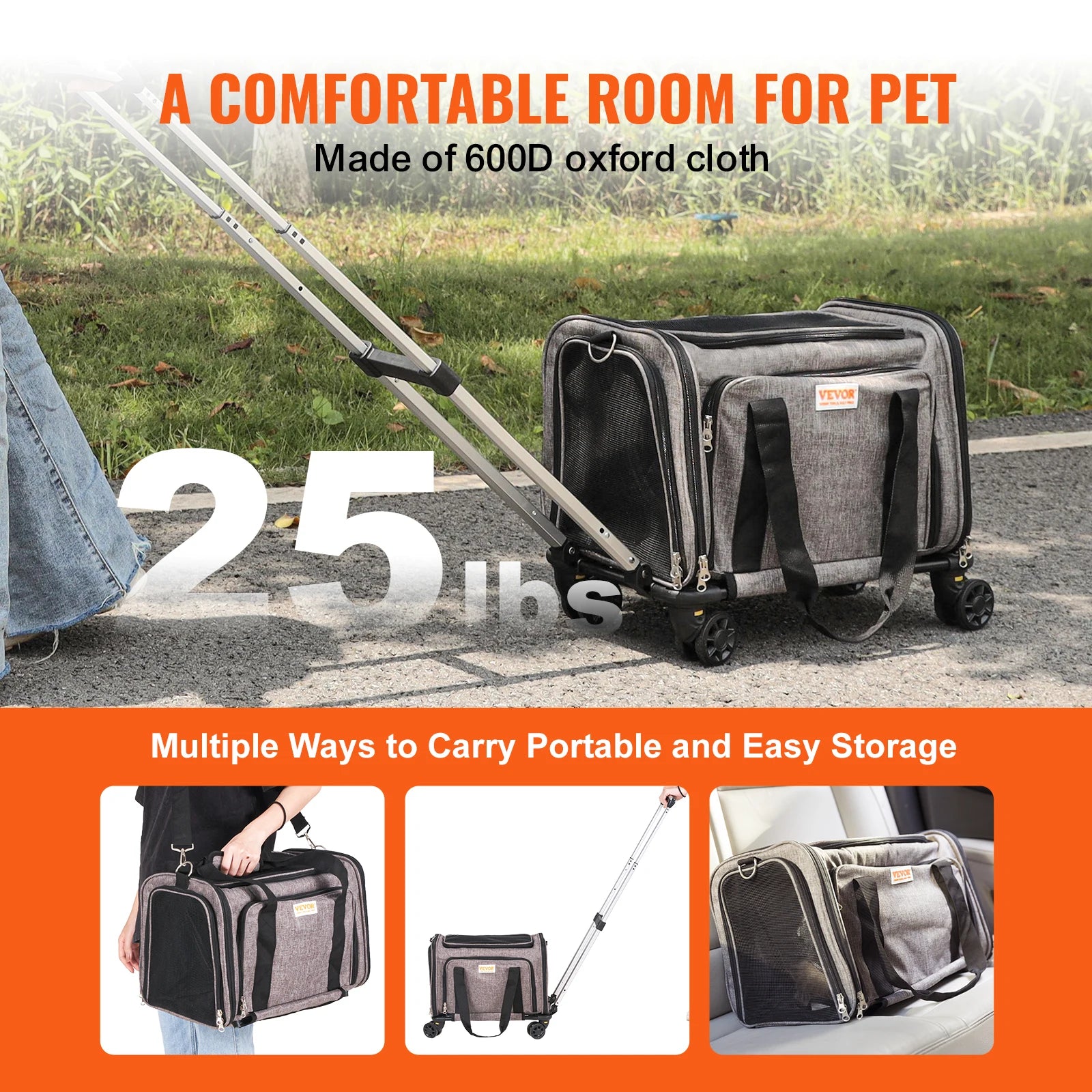 Pet Cat CarrierBackpack with Telescopic Handle Wheels and Shoulder Strap for