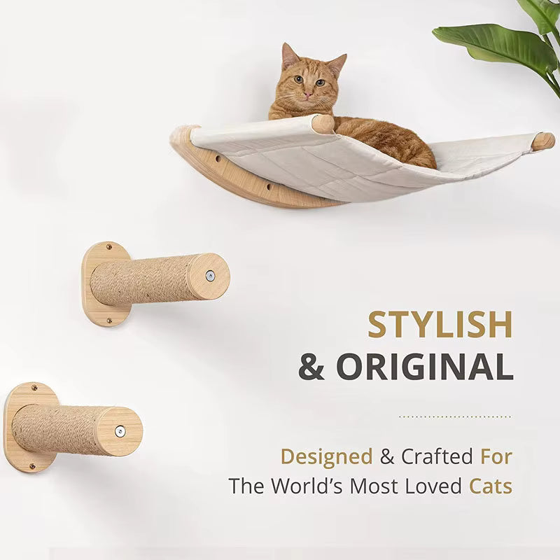 Wall-Mounted Cat Climbing Frame with Wooden Bed & Hammock – Multi-Level Activity Center for Indoor Cats