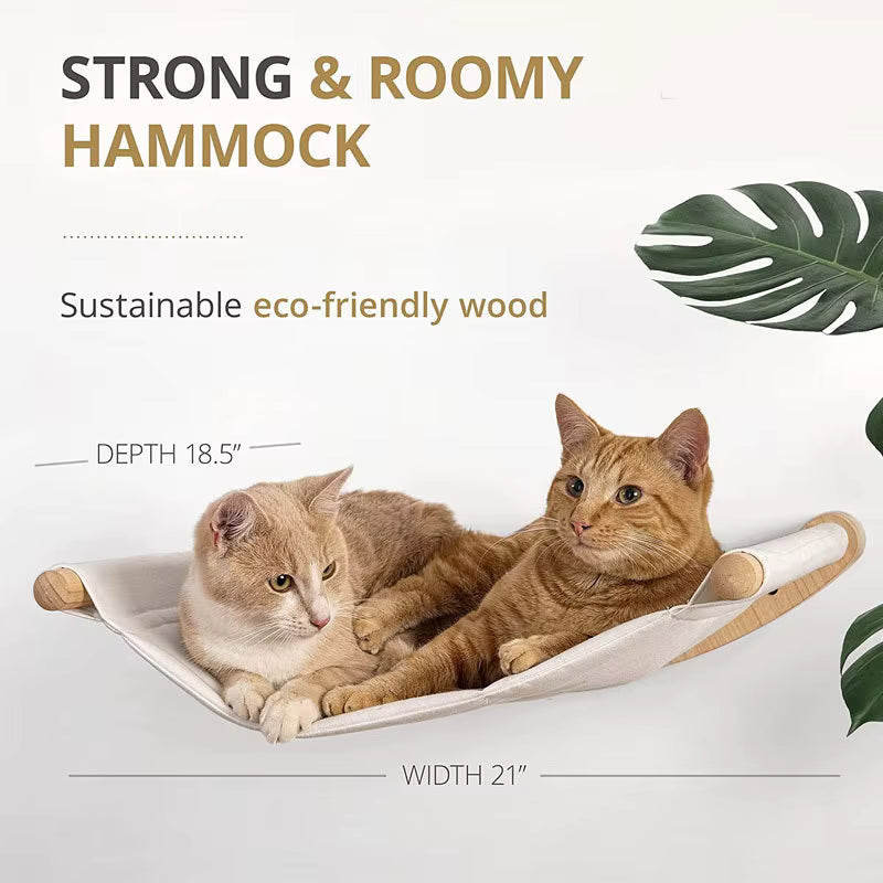 Wall-Mounted Cat Climbing Frame with Wooden Bed & Hammock – Multi-Level Activity Center for Indoor Cats
